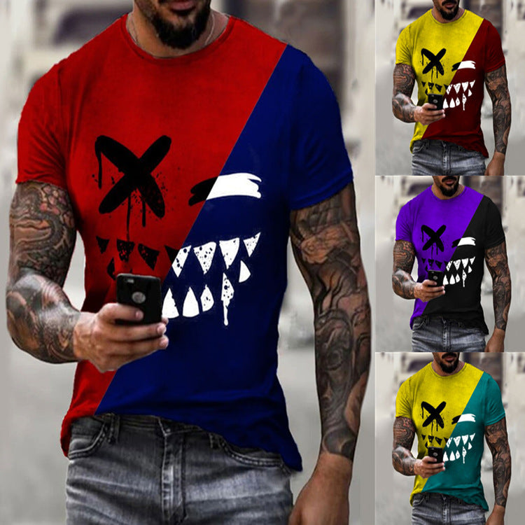 Round Neck Colorblock Smiley Face Short-Sleeved T-Shirt